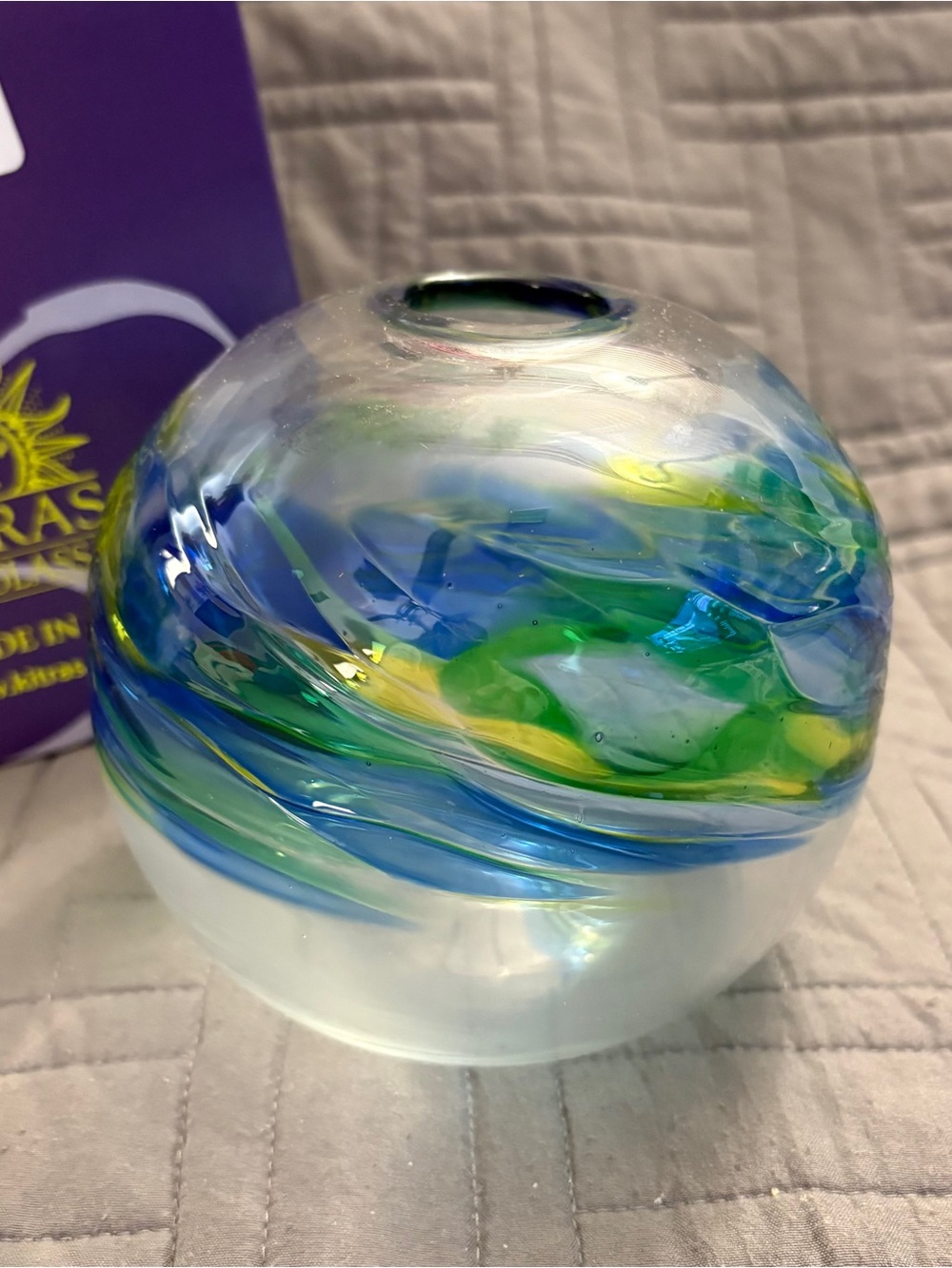 Kitras Canadian Signed Art Glass Vase Blue & Green Handblown